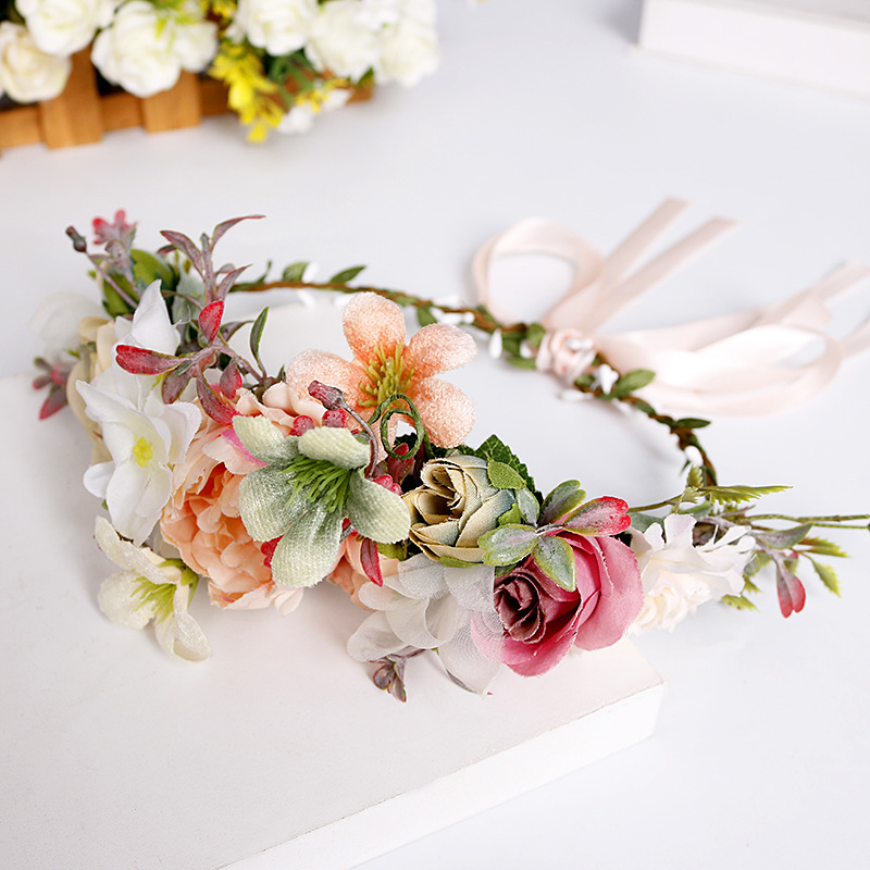 Flower wreath headband, bride's wedding simulation fabric rose headband, Bohemian vacation travel forest-themed hair accessory Specification image