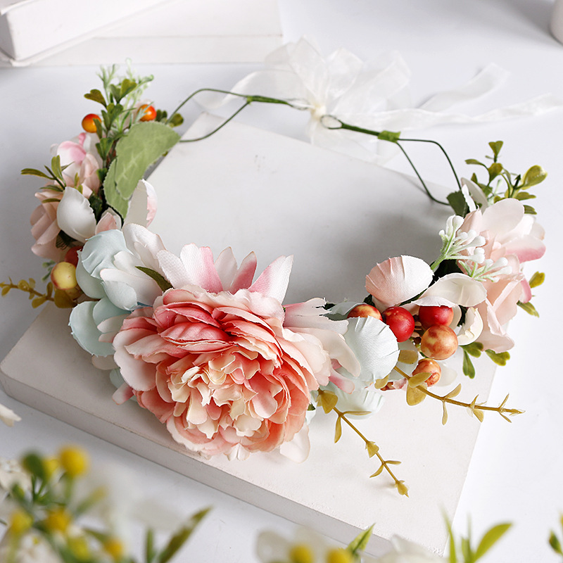 Bohemian garland, pink fabric, handcrafted hairband, forest-themed flower fairy headband, bride's garland headband accessory