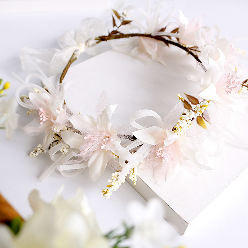 Korean-style simple flower wreath, children's pink gauze, beautiful and ethereal hair band, princess fresh and cute hair tie accessory wholesale Specification image