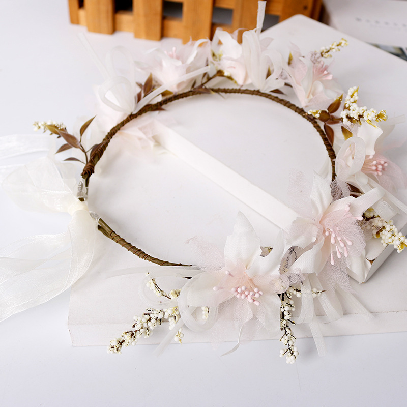 Korean-style simple flower wreath, children's pink gauze, beautiful and ethereal hair band, princess fresh and cute hair tie accessory wholesale Item Picture