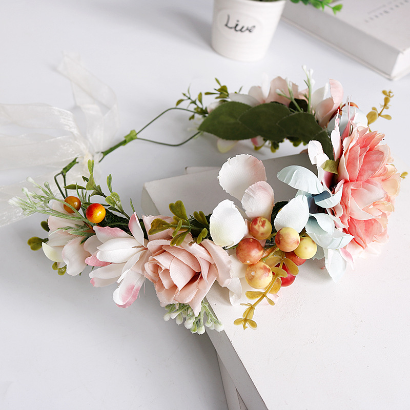 Bohemian garland, pink fabric, handcrafted hairband, forest-themed flower fairy headband, bride's garland headband accessory Specification image