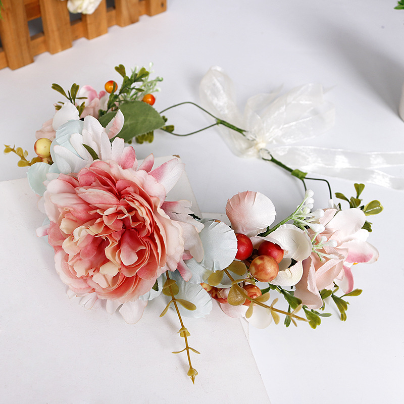 Bohemian garland, pink fabric, handcrafted hairband, forest-themed flower fairy headband, bride's garland headband accessory details Picture