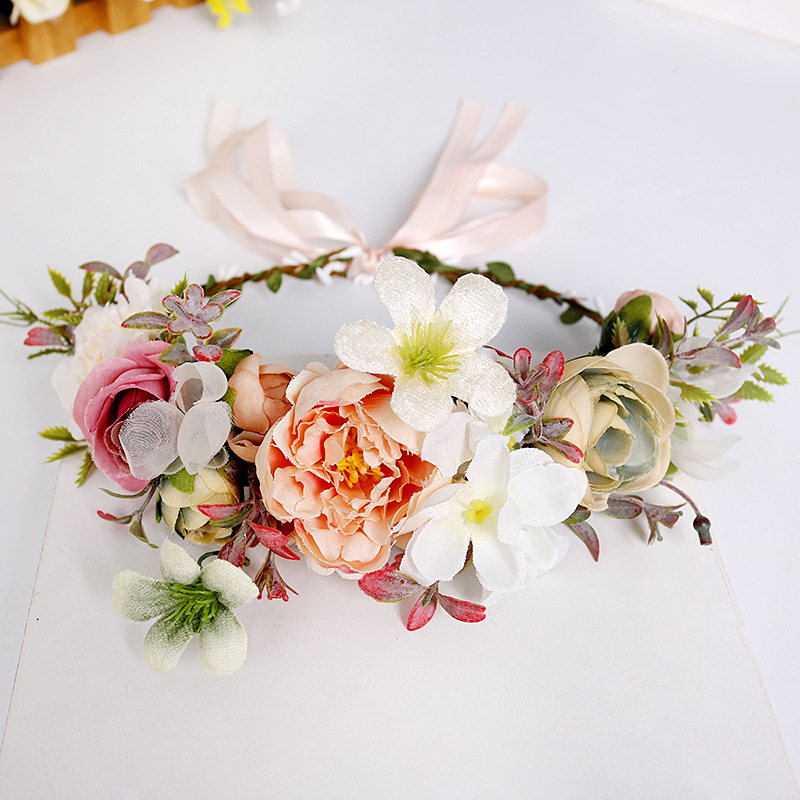 Flower wreath headband, bride's wedding simulation fabric rose headband, Bohemian vacation travel forest-themed hair accessory details Picture