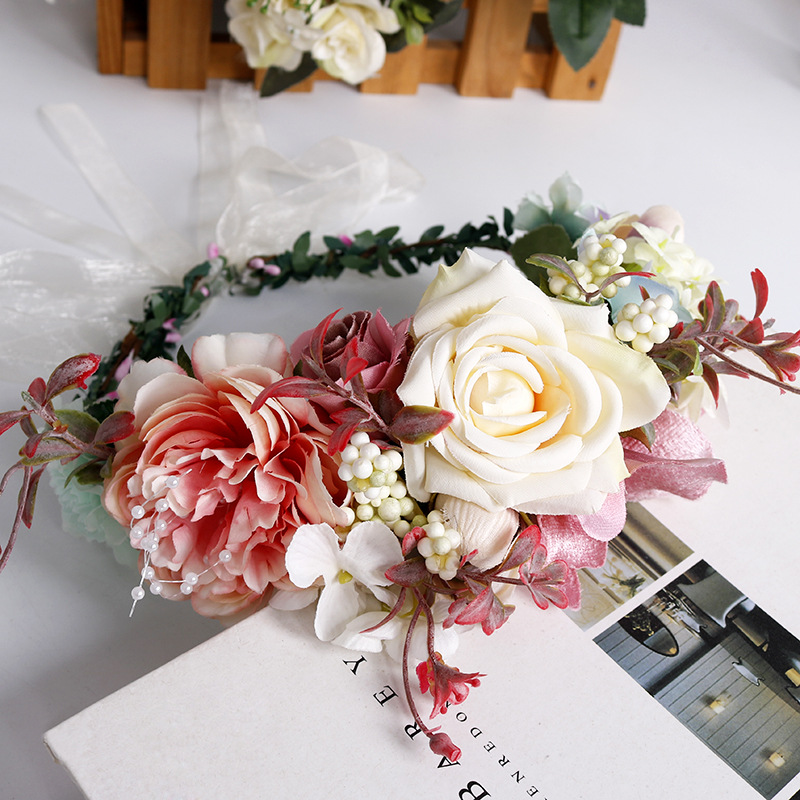 Bride's wreath headband, beige rose headband, exotic wedding travel commemorative hair flower, beach headdress details Picture