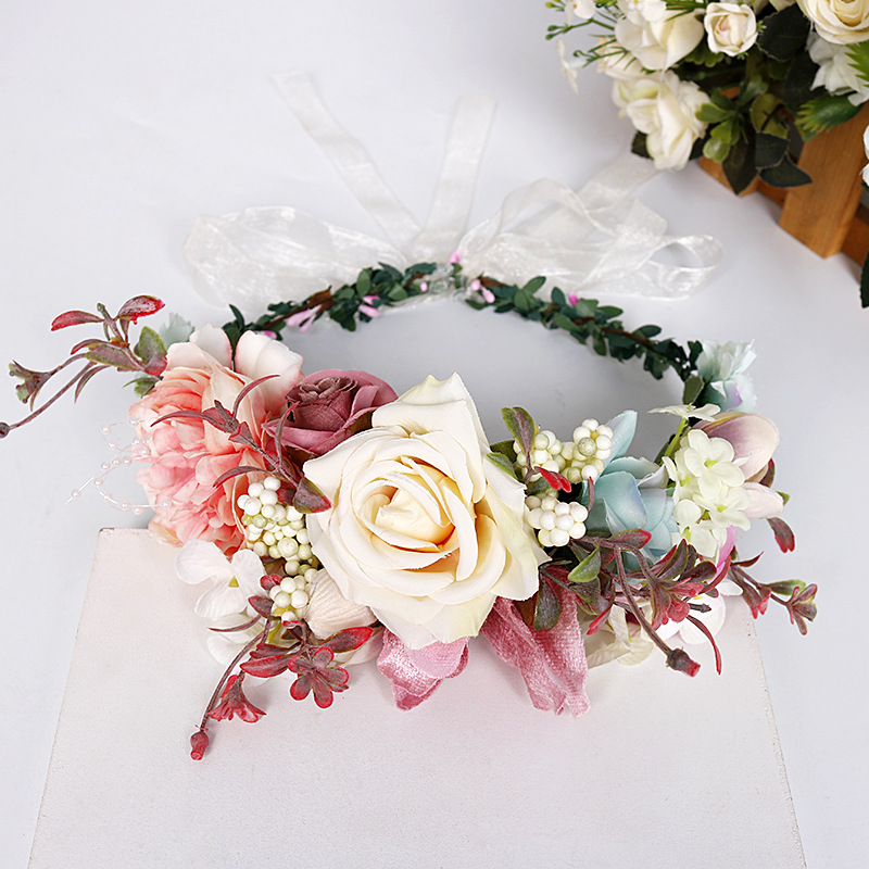 Bride's wreath headband, beige rose headband, exotic wedding travel commemorative hair flower, beach headdress Specification image