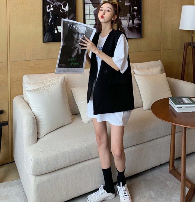 Korean style mid-length loose and versatile black slimming casual vest, a female Internet celebrity Specification image