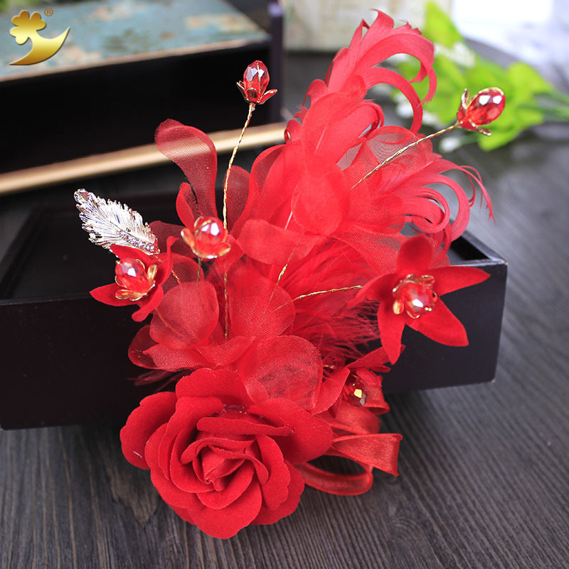 Wholesale of Korean-style bride red rose headwear, women's handcrafted pearl knot wedding flower hair accessories and headbands Specification image