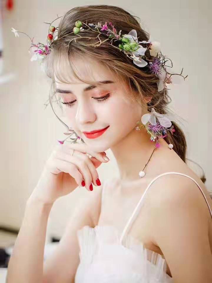 Forest-style super fairy-like headwear, princess bride wedding hair accessory, fairy-like wedding dress accessories, Korean-style veil headband earring set