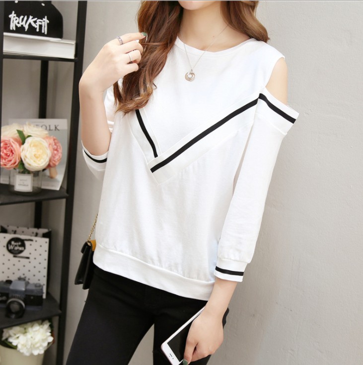 Spring and Autumn new versatile T-shirt for women, 7-inch sleeved off-the-shoulder long-sleeved sexy half-sleeved top details Picture