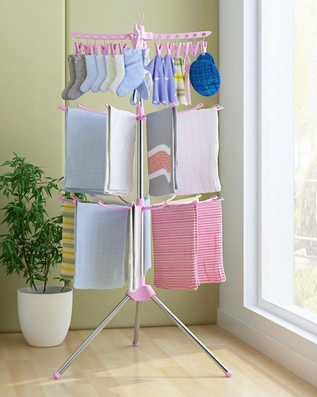 婴儿三层晾衣架旋转晾晒架小衣物夹儿童尿布架阳台毛巾架落地折叠