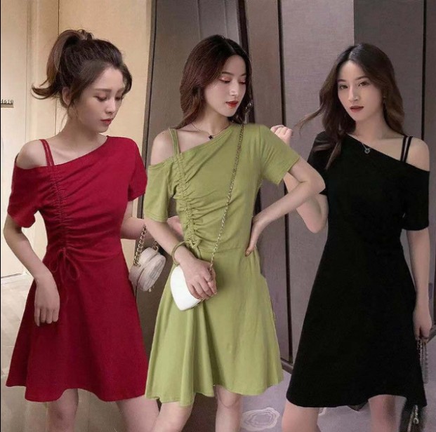 Summer new avocado green Korean-style drawstring off-the-shoulder dress for women, super fairy-like mustard green bellflower dress Application Scenario