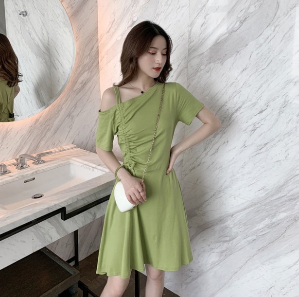 Summer new avocado green Korean-style drawstring off-the-shoulder dress for women, super fairy-like mustard green bellflower dress