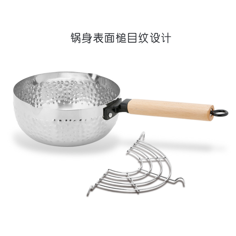 Stainless steel Japanese snow flat pot, single-handle milk pot, household thickened flat pan, noodle soup pot, induction cooker, gas universal side food pot, deep fryer, thickened instant noodle pot, Japanese non-stick pot, small steamer, Japanese hammer-patterned pot Application Scenario