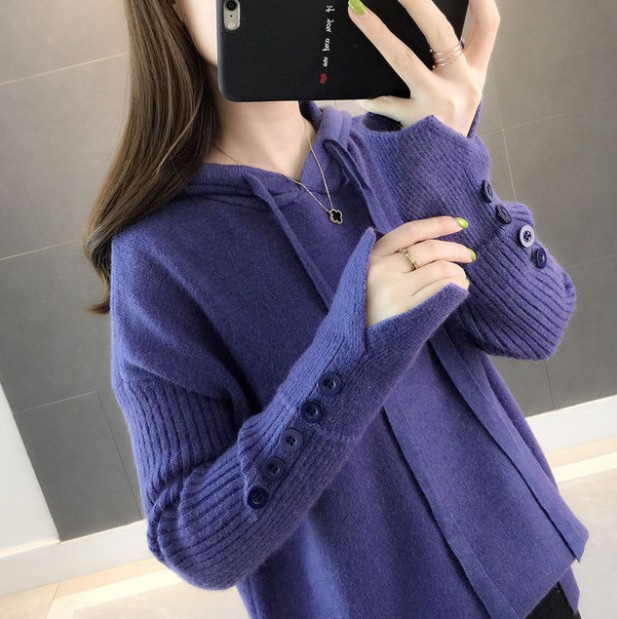 New fresh and cute hooded sweatshirt, sweet and loose pullover knitted sweater, solid-color laid-back style sweater