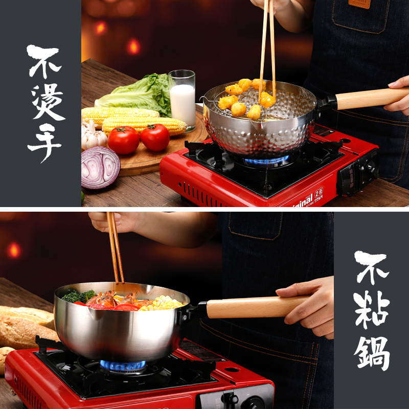 Stainless steel Japanese snow flat pot, single-handle milk pot, household thickened flat pan, noodle soup pot, induction cooker, gas universal side food pot, deep fryer, thickened instant noodle pot, Japanese non-stick pot, small steamer, Japanese hammer-patterned pot details Picture