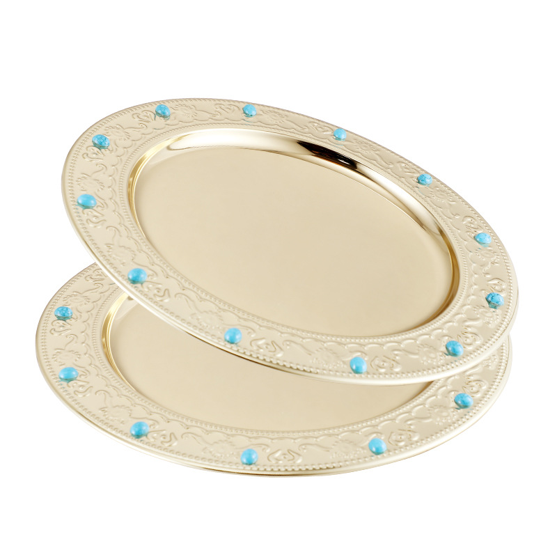 Factory wholesale stainless steel dinner plates, round plates with diamonds, process plates, electroplated fruit plates and display plates