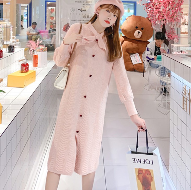 超火外穿毛衣裙女2019秋冬新款长款过膝很仙的开叉针织连衣裙