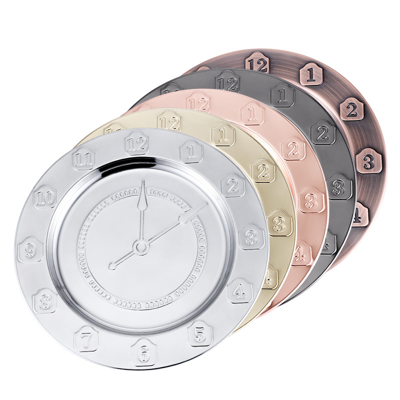 Factory direct sales of stainless steel creative time plates, household vegetable plates, round craft plates and electroplated fruit plates