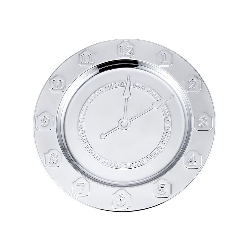 Factory direct sales of stainless steel creative time plates, household vegetable plates, round craft plates and electroplated fruit plates details Picture
