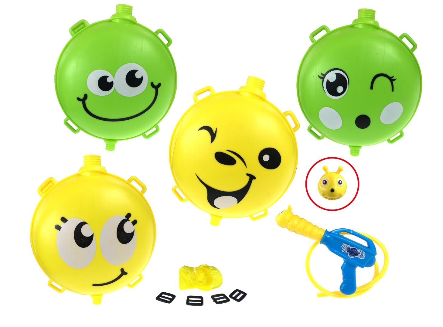 New children's backpack water gun toys with 4 expressions. Backpack water guns are essential tools for water play, rafting and water fights full figure