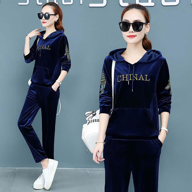 2019 New women's velvet sportswear set Spring and Autumn Fashion Korean Style two-piece set embroidered hooded large size