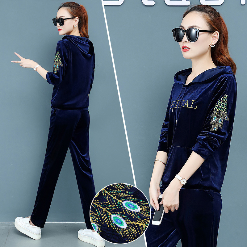 2019 New women's velvet sportswear set Spring and Autumn Fashion Korean Style two-piece set embroidered hooded large size Specification image