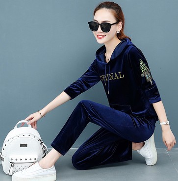2019 New women's velvet sportswear set Spring and Autumn Fashion Korean Style two-piece set embroidered hooded large size Item Picture