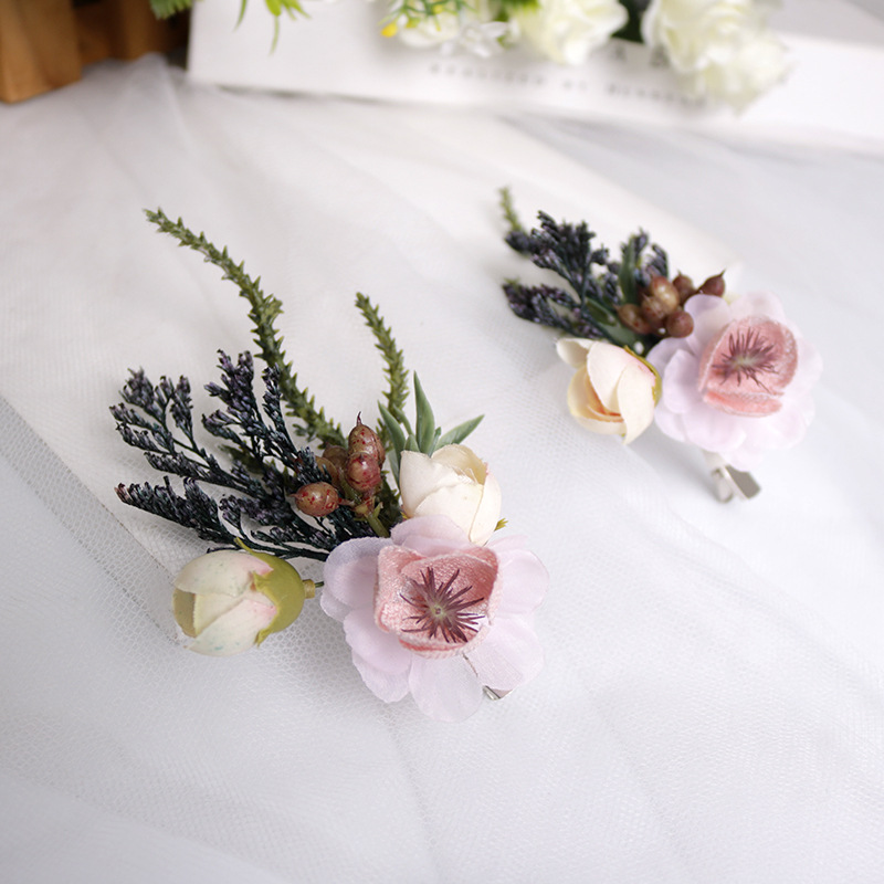 New Korean-style bride's duckbill hairpin, starry sky flower hairpin, fabric flower headwear, handcrafted dried flower hairpin details Picture
