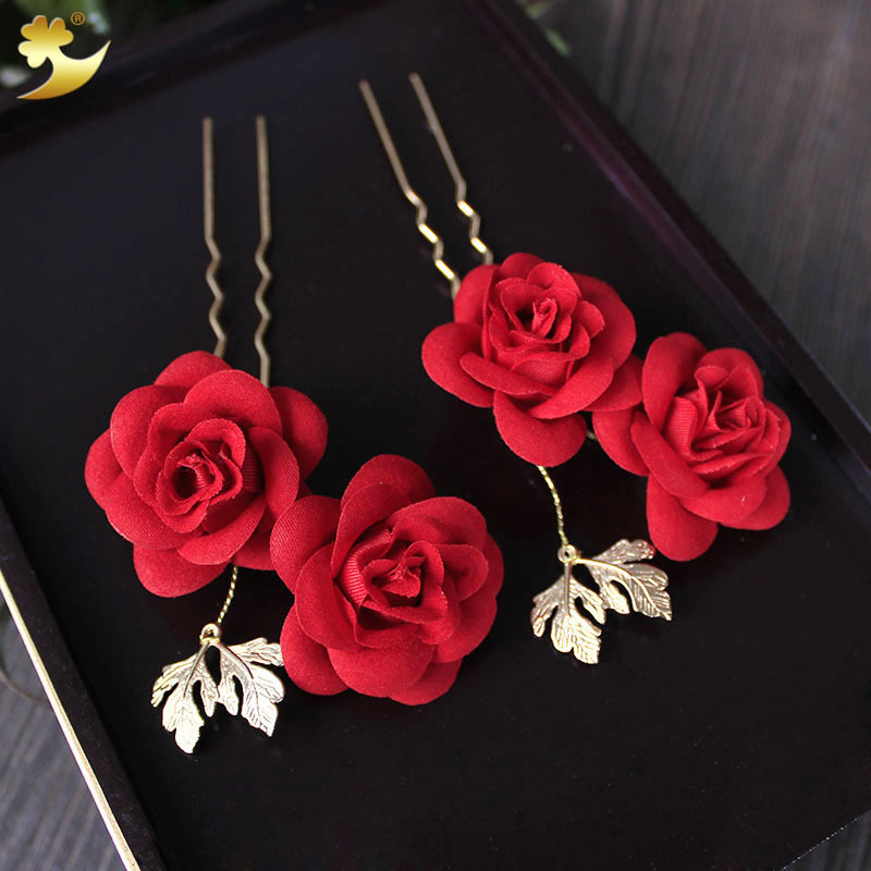 The bride's Chinese-style headwear, retro jujube red velvet rose hairpin and fork, wedding hair accessories, toasting dress accessories Specification image
