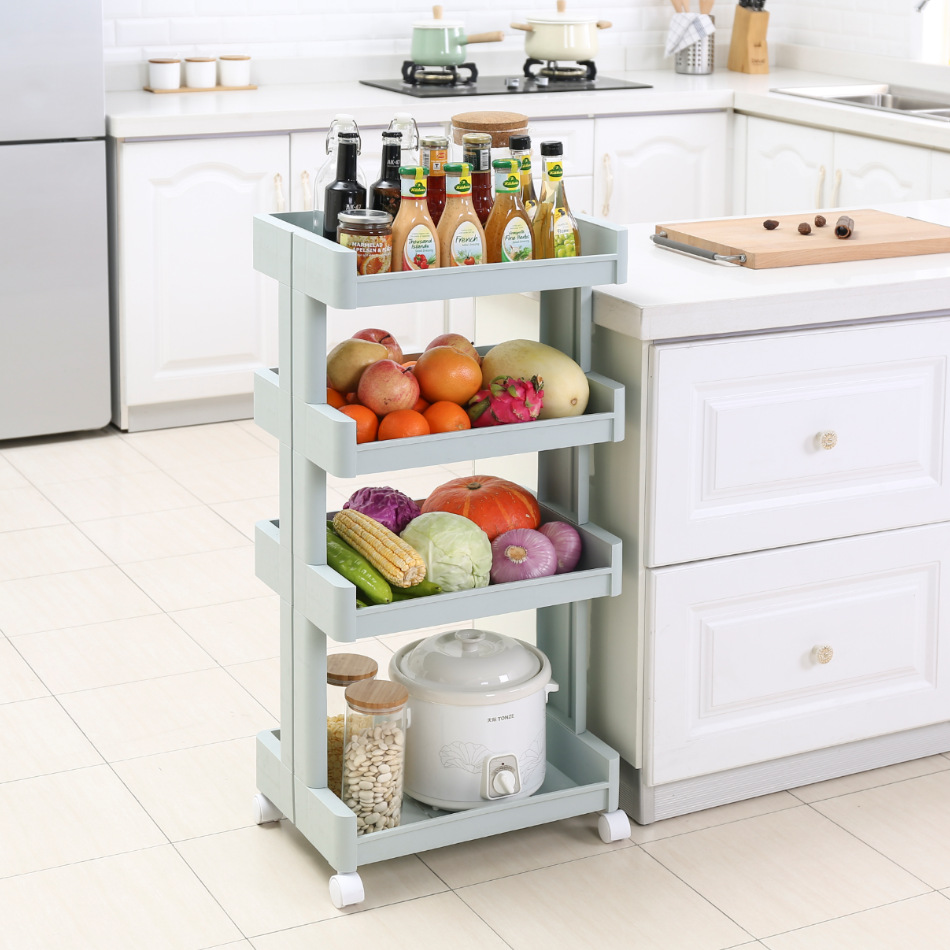 Multi-functional three-layer draining storage rack, floor-standing plastic storage and organization rack for bathroom and kitchen clutter Application Scenario