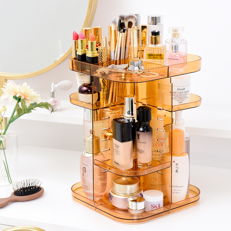 Desktop 360-degree rotating cosmetics storage rack, plastic storage box, storage rack, dressing table, skin care product organization rack Application Scenario