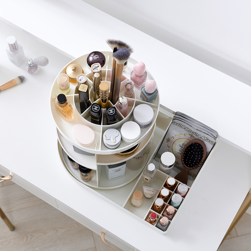 Factory direct sales of desktop modular simple household large-capacity transparent circular rotating plastic cosmetic storage box Application Scenario
