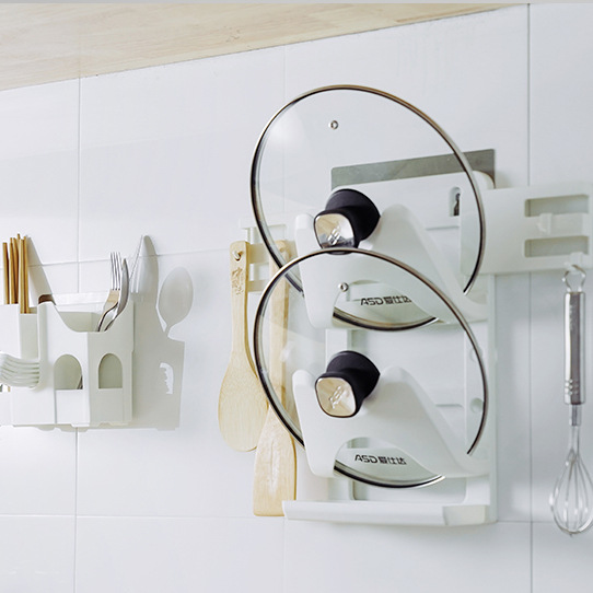 Seamless wall pot lid rack without drilling, water collection tray storage rack, multi-functional chopping board rack, kitchen storage rack, wall-mounted Application Scenario