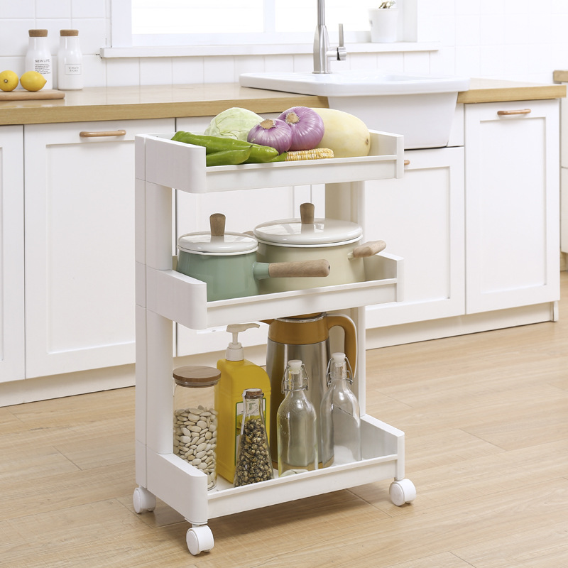 Multi-functional three-layer draining storage rack, floor-standing plastic storage and organization rack for bathroom and kitchen clutter Specification image