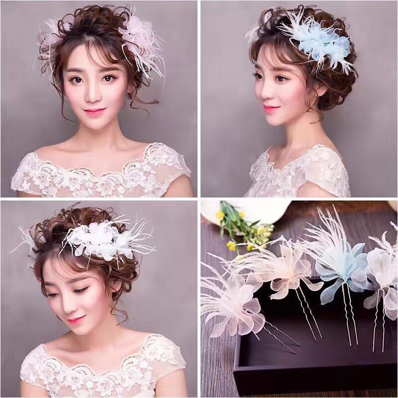 Xinyun Factory Direct sales feather hairpins, Korean-style white feather U-clips, bridal style hair accessories, beautiful and ethereal headwear