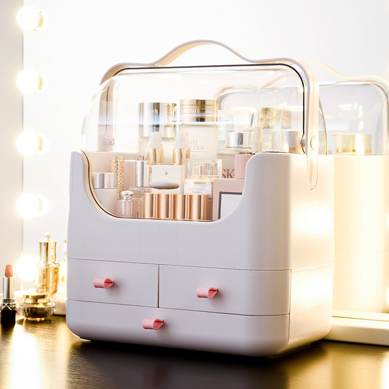 A best-selling large-capacity portable cosmetic storage box from South Korea, a plastic dust-proof desktop, drawer-style dressing table, and multi-layer box