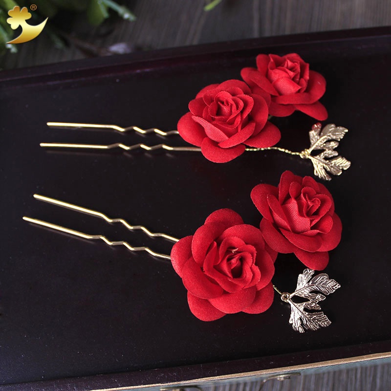 The bride's Chinese-style headwear, retro jujube red velvet rose hairpin and fork, wedding hair accessories, toasting dress accessories details Picture