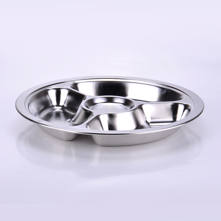 Stainless steel round four-compartment fast food plate, student fast food plate with bowl, student/children's fast food plate, electrolytic process details Picture