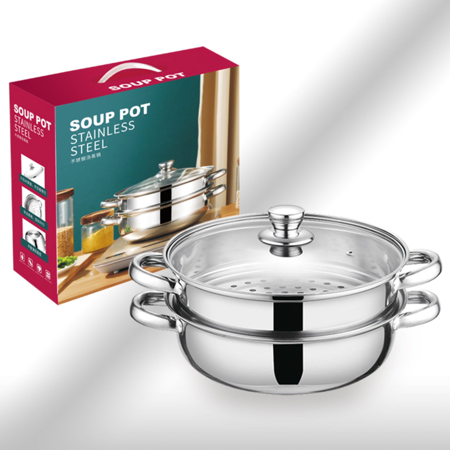 Stainless steel steamer, double-layer and triple-layer soup steamer, multi-purpose steaming hot pot opening gift, 28cm stainless steel large steamer