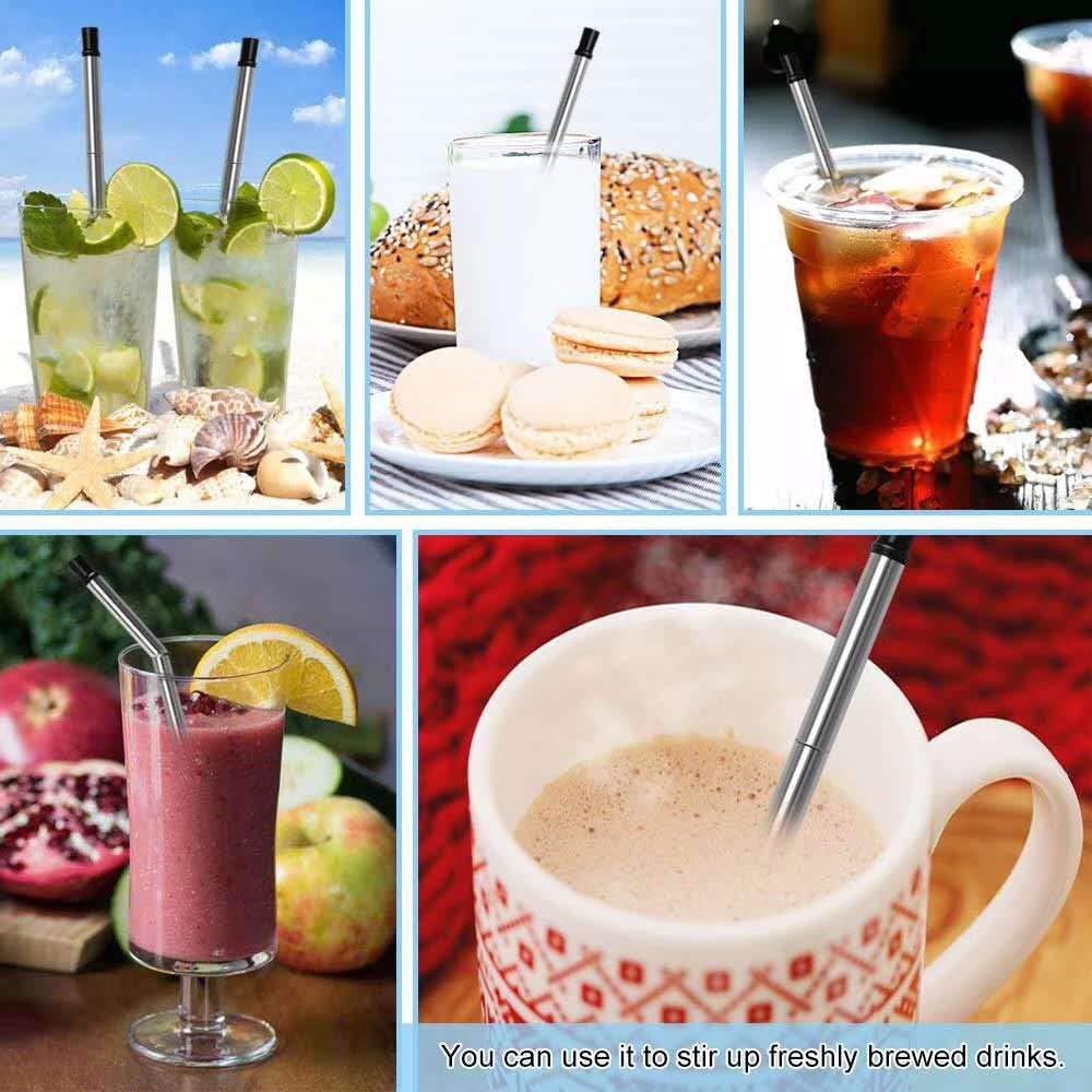 SWENO portable folding stainless steel straws are easy to clean and reusable. They are eco-friendly straws made of ABS material, with 304 stainless steel tubes, food-grade silicone, and cleaning rods Specification image