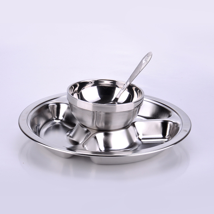 Stainless steel round four-compartment fast food plate, student fast food plate with bowl, student/children's fast food plate, electrolytic process Application Scenario