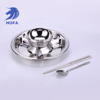 Stainless steel round four-compartment fast food plate, student fast food plate with bowl, student/children's fast food plate, electrolytic process