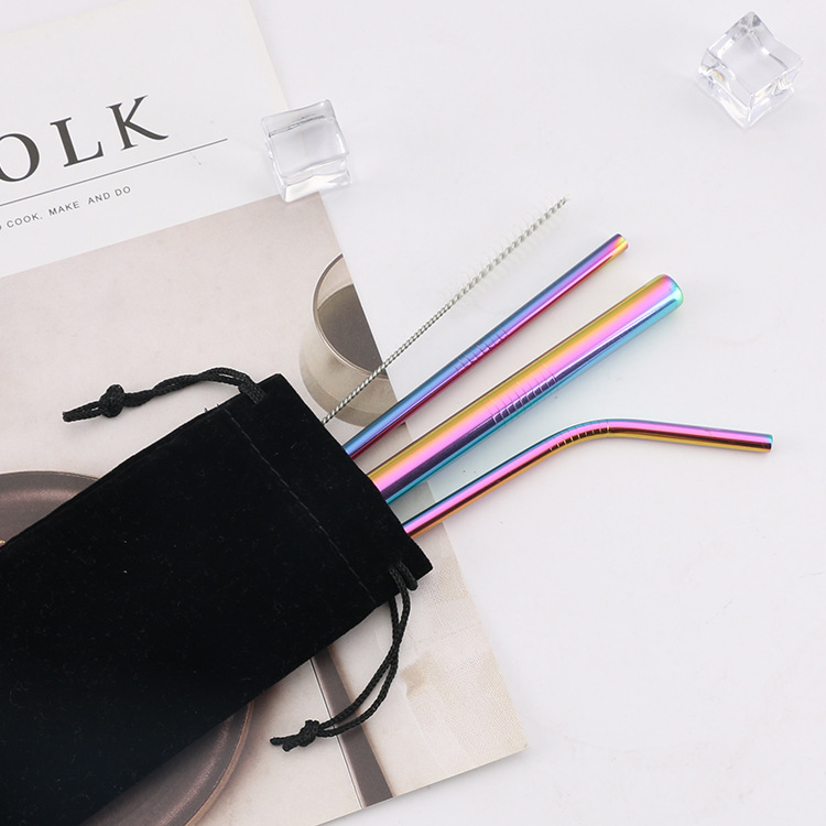Food-grade 304 stainless steel straw set, coffee and milk tea straw, long stirring straw, custom logo stainless steel straw sleeve, straw brush with fabric bag, eco-friendly straw set details Picture