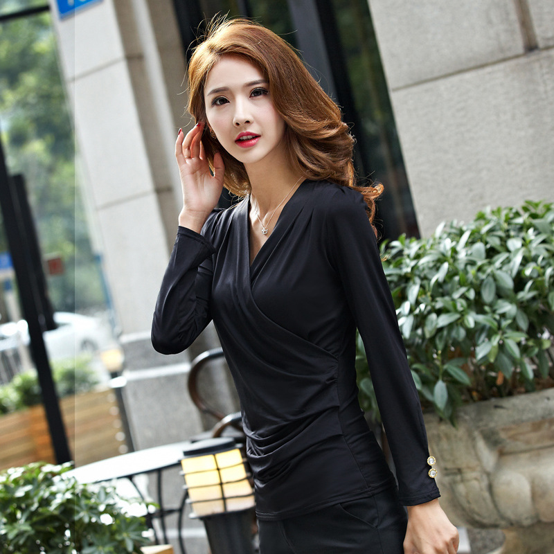 Factory slimming plate-size women's top, form-fitting base layer, sexy mini top, low-cut cross-V-neck long-sleeved T-shirt to cover the belly Specification image