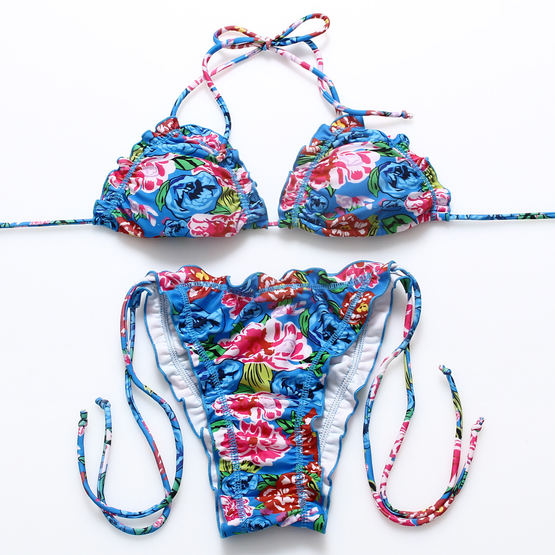 Sexy, low-waisted, belted, printed pleated bikini
