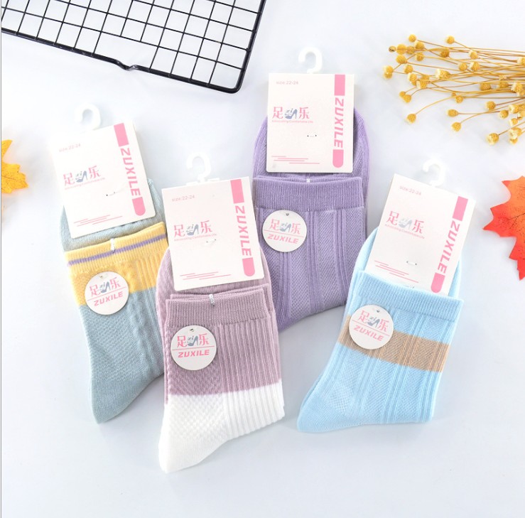 New autumn and winter cotton socks, Japanese-style embroidered double-needle pure cotton mid-calf threaded women's socks