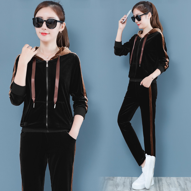 2019 Autumn Casual sportswear set for women: Long-sleeved, large-sized loose cardigan with zipper and hooded sportswear two-piece set Specification image