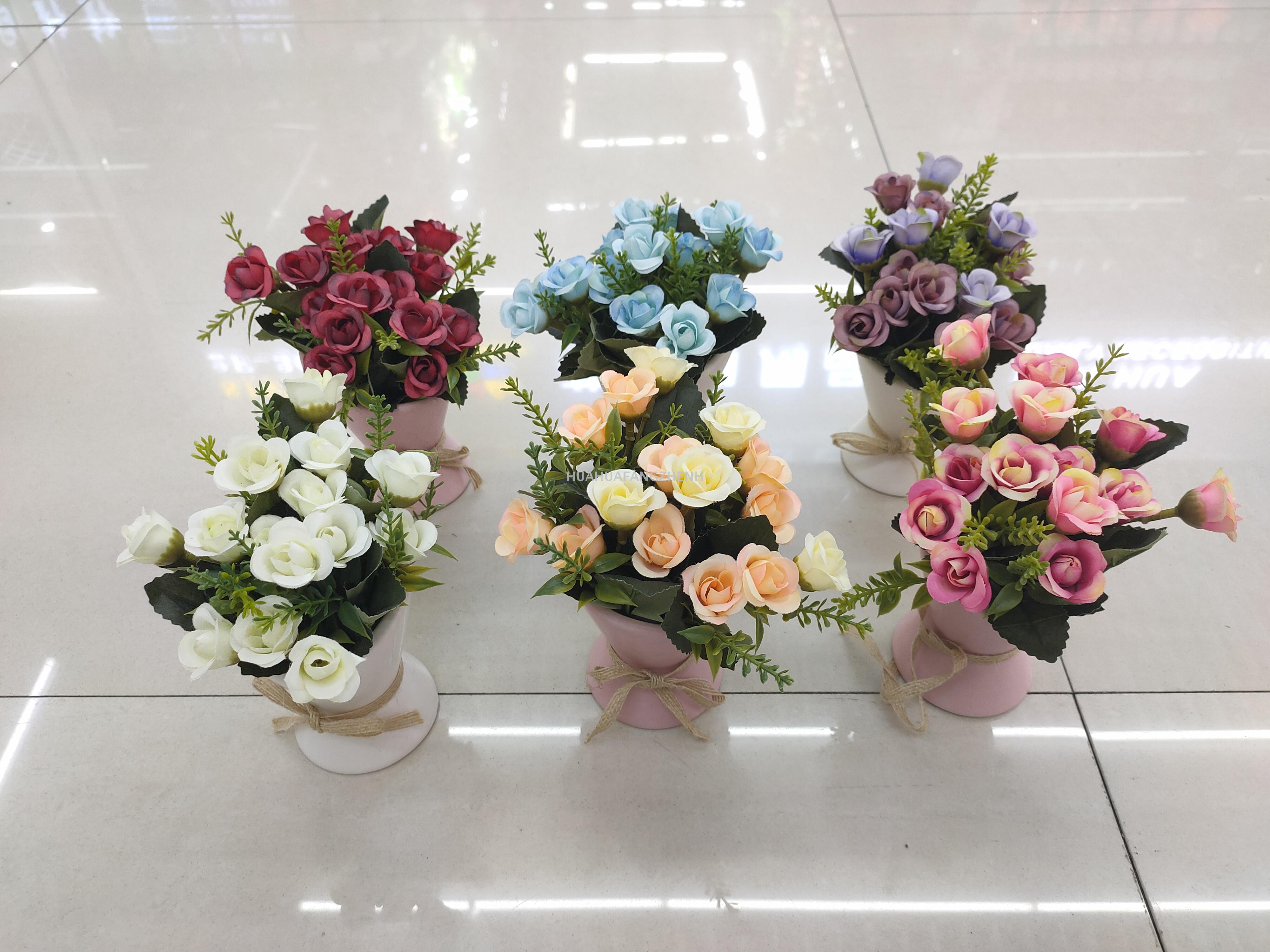 新款陶瓷彩色盆秋色玫瑰花仿真花盆景植物假花外销批发办公室摆件