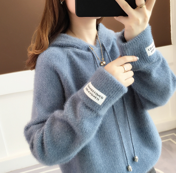 新款韩版宽松外穿套头毛衣女加厚慵懒风不掉毛水貂绒连帽毛衣