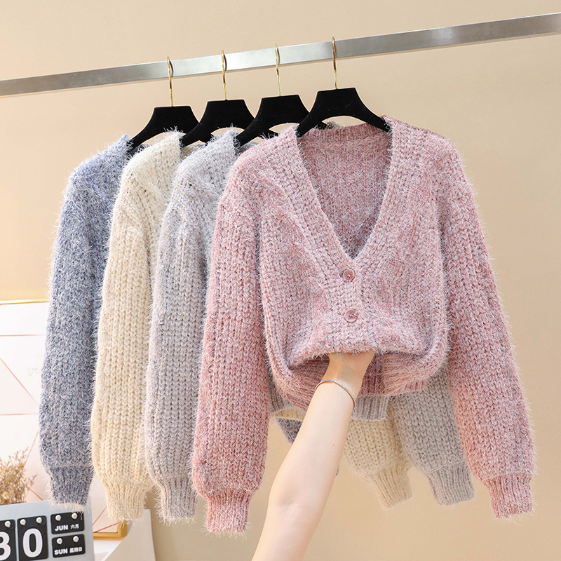 秋冬毛毛外套女短款2019年新款粗线毛衣开衫日系甜美可爱针织上衣